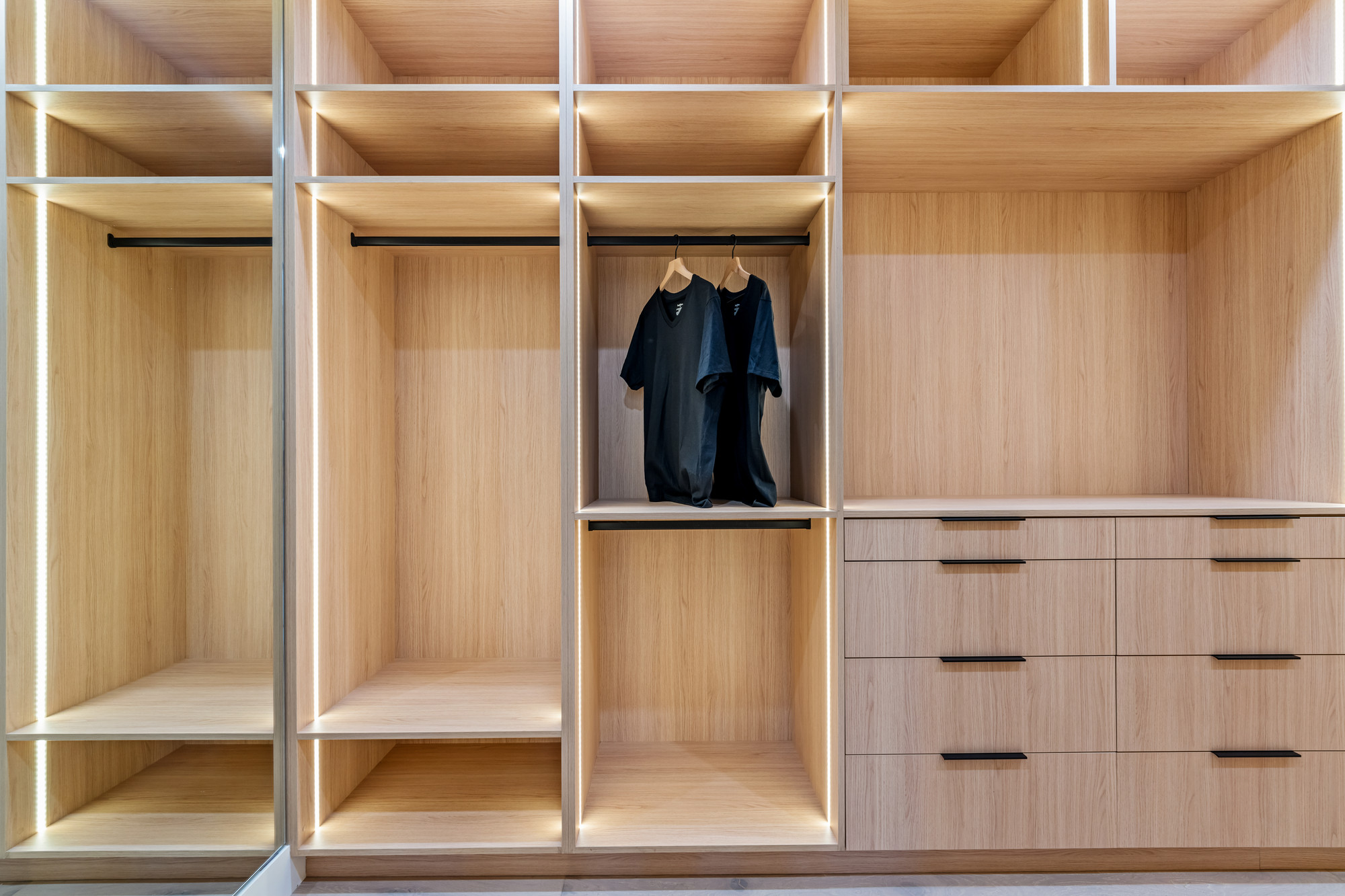 Full home cabinetry interior, grain-matched wall-to-wall